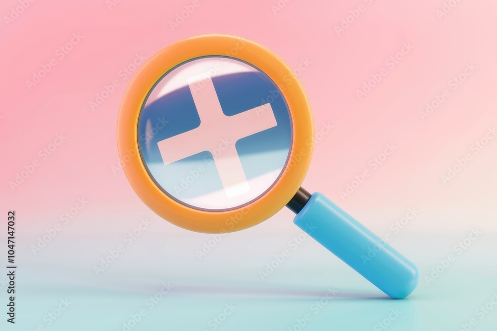 Poster a magnifying glass with a white plus sign in the center symbolizing search and discovery.