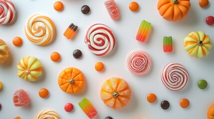 Isolated Halloween candy assortment spread on a white background