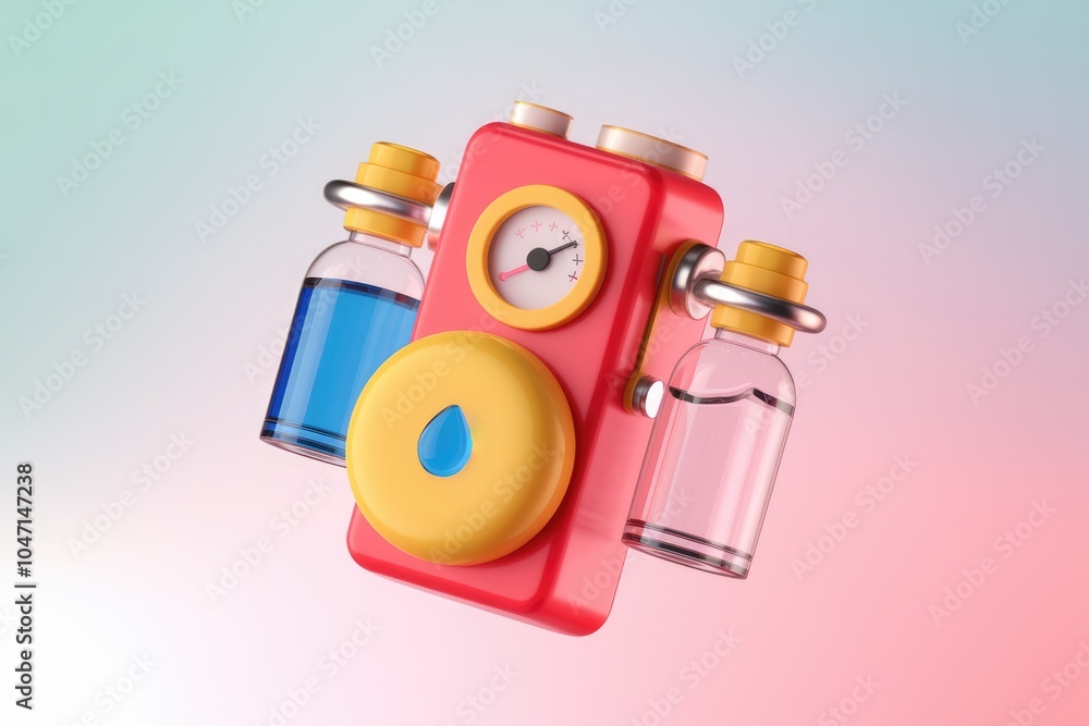 Aufkleber a 3d rendered illustration of a whimsical device with gauges and liquid filled bottles.