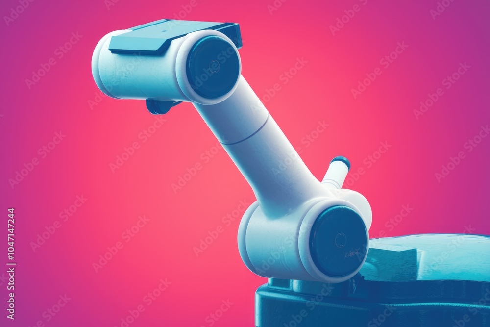 Poster A close up of a robotic arm with two cameras.