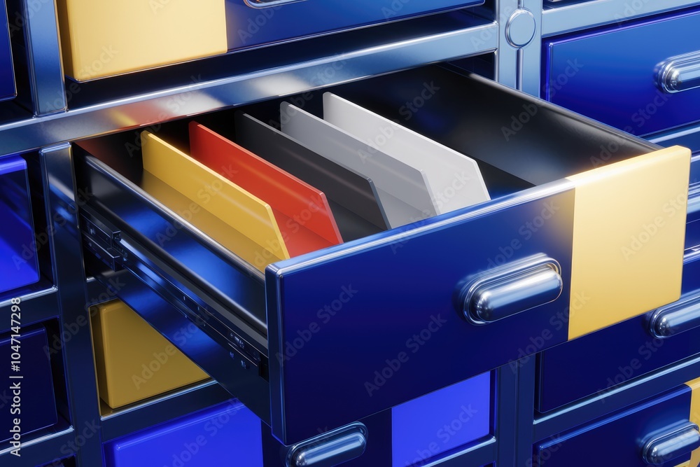 Poster a blue filing cabinet with a drawer open revealing colorful folders.