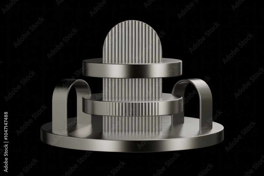 Poster a minimalist silver podium with three tiers and curved supports perfect for product display.