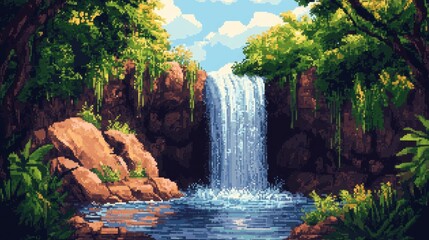 Pixelated Waterfall in a Lush Jungle