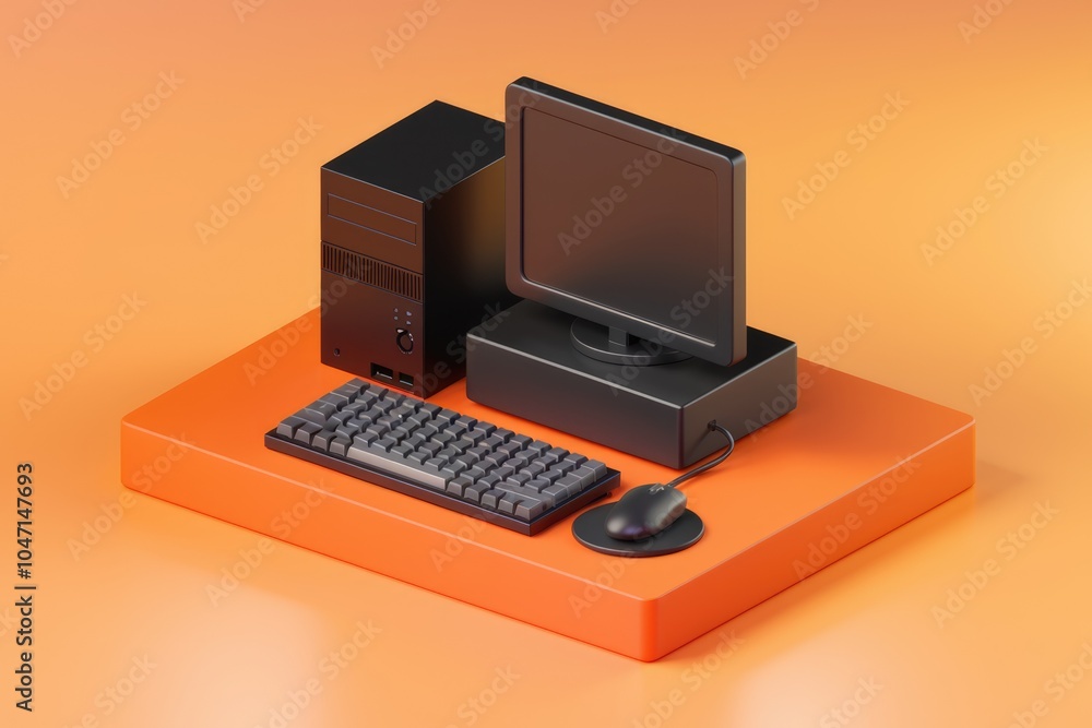 Aufkleber A black desktop computer with monitor  keyboard  and mouse on an orange surface.