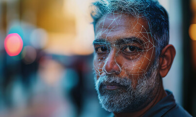 Biometric Facial Recognition of Indian Man with AI Mapping Lines, Security and Identification Concept