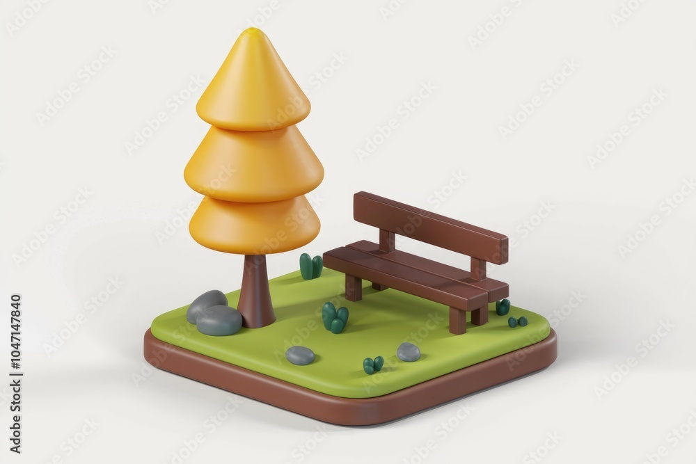 Poster A 3D rendering of a simple park scene with a tree and a bench.