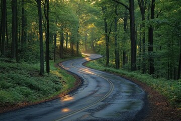 Obraz premium A winding road through a lush green forest illuminated by soft sunlight after rain.