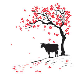 Silhouette Cow Cherry Illustration: Agriculture Natural Concept Artwork