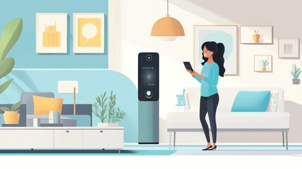 Woman Interacting with Smart Home Technology