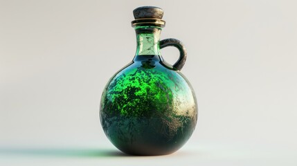 Isolated Halloween potion bottle with glowing green liquid on a white background