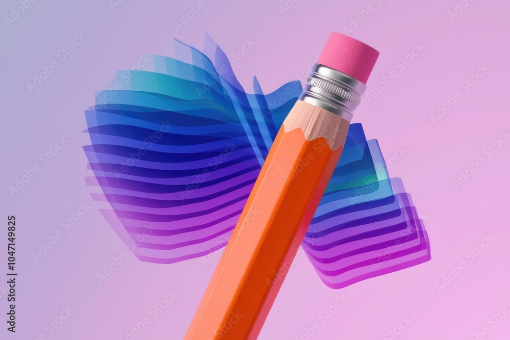 Poster Diagonal pencil with eraser on gradient background with shapes.