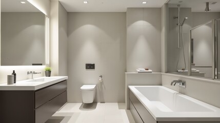 Bathroom beige clean modern interior sink mirror bath minimalistic design. AI generated