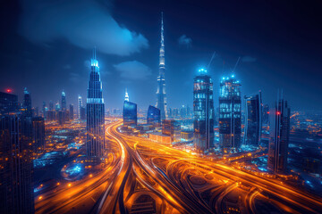Fototapeta premium Tall buildings and light trails in the dark sky