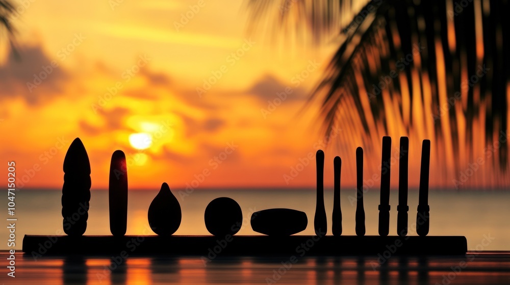 Poster Silhouettes of Objects at Sunset with a Palm Tree in the Background