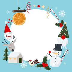 Vector Christmas, New Year or winter hand drawn seamless pattern with cute small hose in a forest, noel trees, star and snowflakes .
