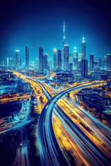 Obraz premium Nighttime view of skyscrapers and traffic