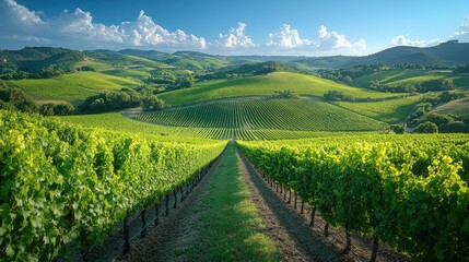 Fototapeta premium Lush vineyard landscape with rolling hills and vibrant green grapevines under a blue sky.