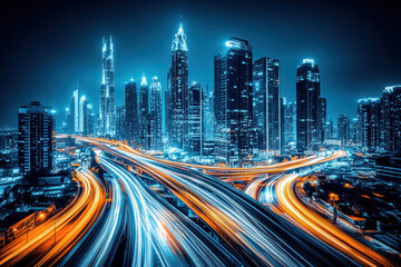 Fototapeta premium Busy city highway with skyscrapers glowing