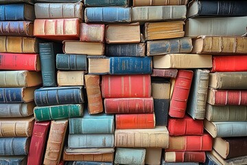 A close-up of stacked vintage books in various colors and textures.