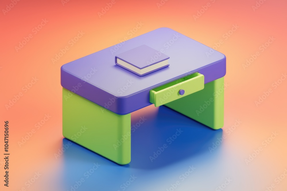 Aufkleber A 3D rendering of a simple desk with a book and a drawer.