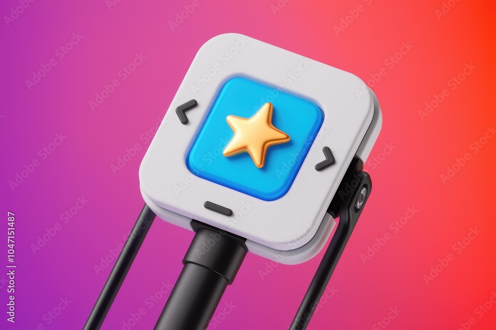 Poster A 3D render of a white button with a blue square and a gold star  with arrows and a black handle