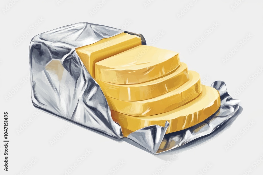 Poster a block of butter partially unwrapped with four slices visible.