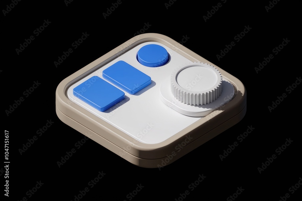 Poster A 3D rendering of a square shaped control panel with buttons and a knob.