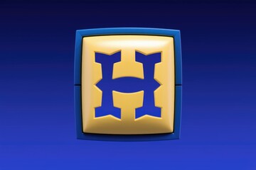 Fototapeta premium A yellow square with a blue border featuring a stylized letter H inside.