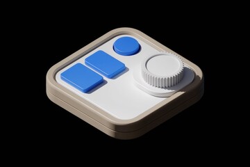 A 3D rendering of a square shaped control panel with buttons and a knob.