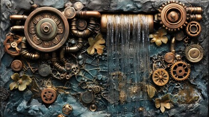 Steampunk Waterfall Art with Gears and Pipes