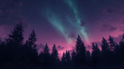 Fototapeta premium Silhouetted Pine Trees Against a Night Sky with Aurora Borealis