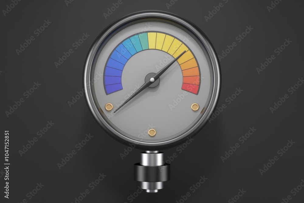 Poster a circular gauge with a rainbow colored scale and a needle pointing to a reading.