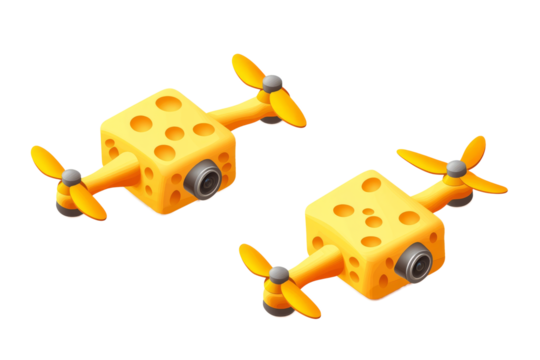 Cheese blocks whirring like drones with propeller blades.