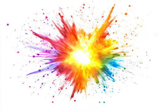 Abstract starburst explosion with rainbow-colored energy beams, isolated