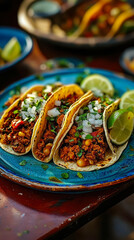 Appetizing Mexican Tacos with Lime on Blue Plate, Vibrant Table Setting, Perfect for Food Lovers