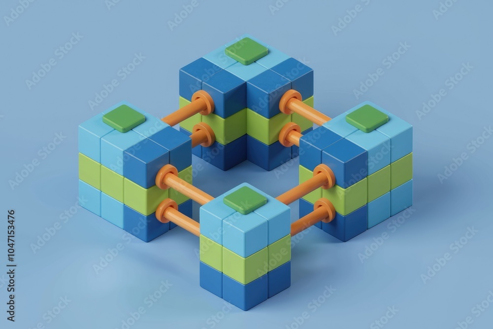 Poster four colorful blocks connected by orange rods forming a square.