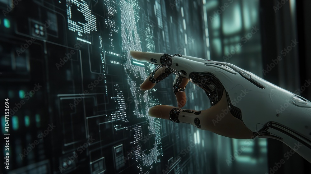 Aufkleber ai, machine learning, hands of robot and human touching on big data network connection background, s