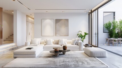 A modern and spacious living room design featuring a white canvas backdrop, Thoughtfully arranged minimal furniture, Minimalist Urban style