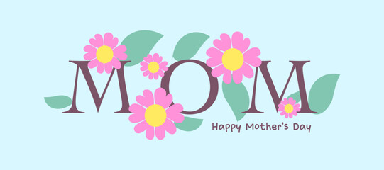 Trendy Mothers Day, Womens Day and birthday card simple illustration with cute flowers, daisies, hand drawn floral art on blue background for horizontal posters, web banners, covers, and social media