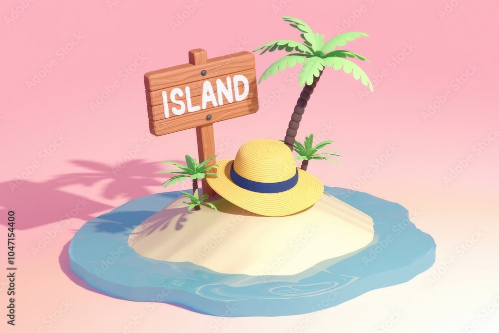 Poster a 3d rendering of a small island with a palm tree a hat and a sign saying island.