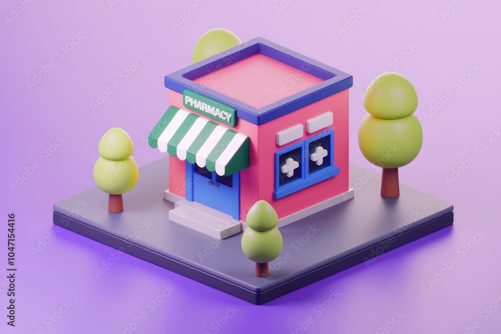 Poster a 3d rendering of a small pharmacy building with a green awning.