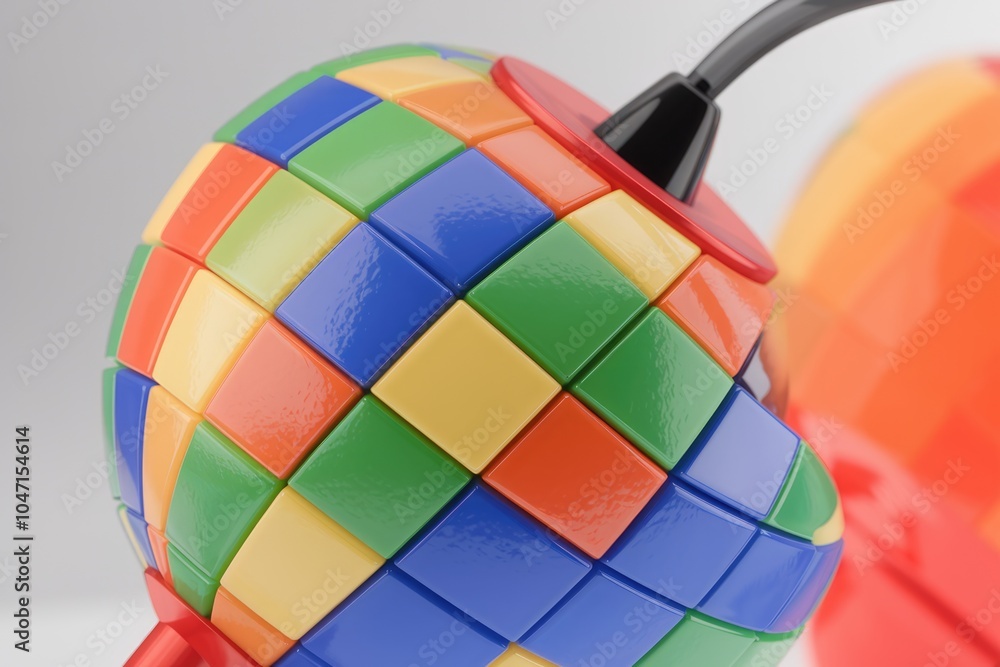 Aufkleber a colorful geometric sphere with a black cord attached to its base.