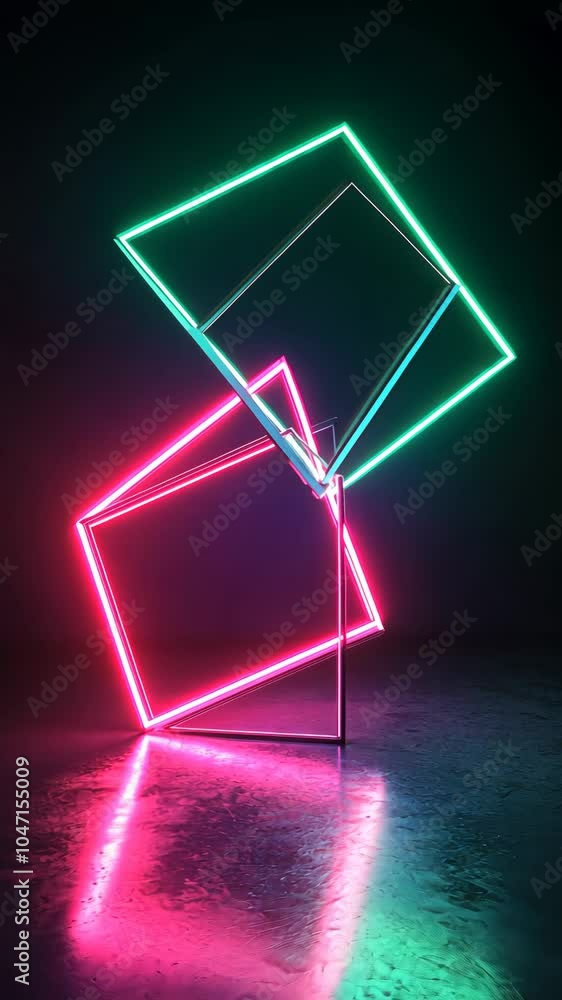 Aufkleber rotating neon light structure featuring two squares against a dark background with reflections