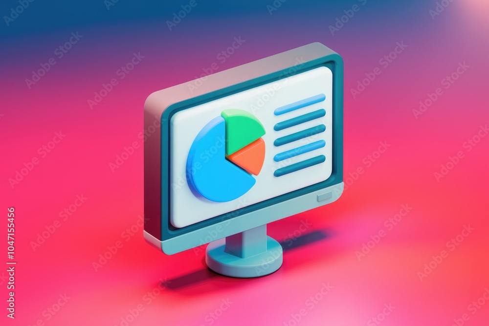 Poster A 3D rendering of a computer monitor displaying a pie chart and a list.