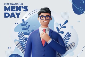 A 3D illustration of a man in a suit celebrating International Mens Day.