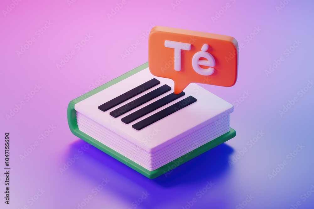 Poster A 3D rendering of a book with a speech bubble saying Te in orange.