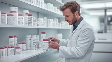 A male pharmacist works in a pharmacy and conducts an audit of drugs and pills on the shelves