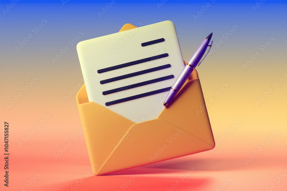 Poster a 3d illustration of an open envelope with a pen and a letter inside.
