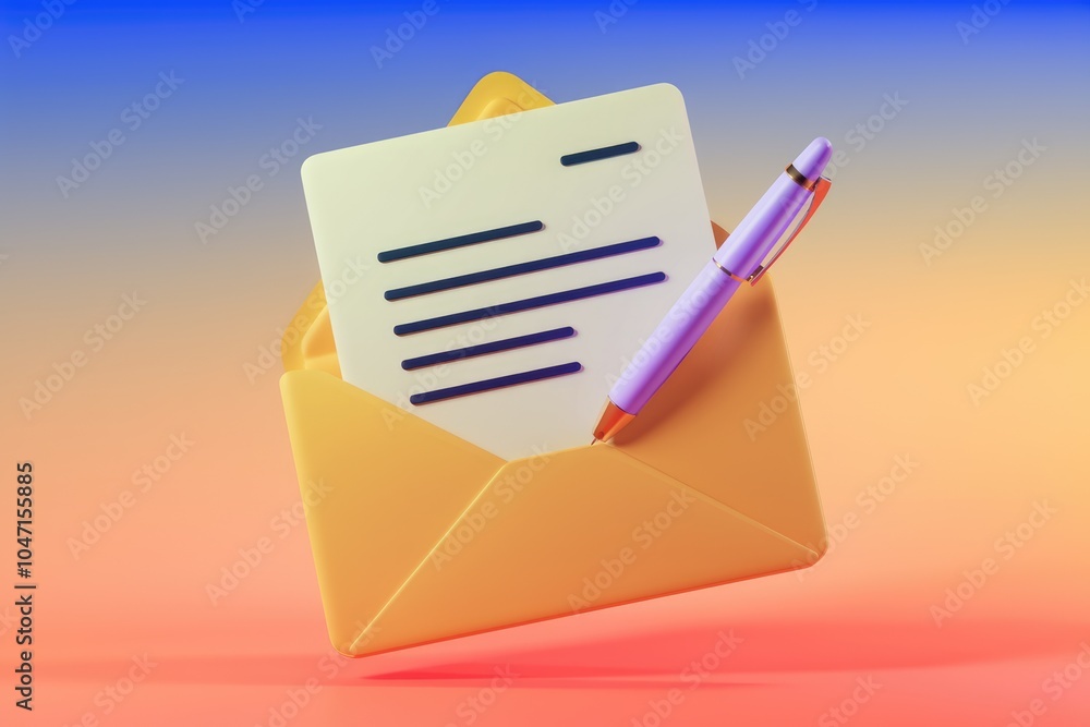Poster a 3d illustration of an open envelope with a letter and pen.