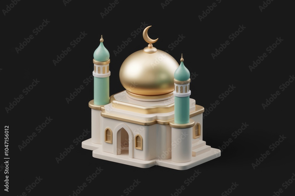 Poster a 3d rendering of a mosque with a golden dome and minarets.